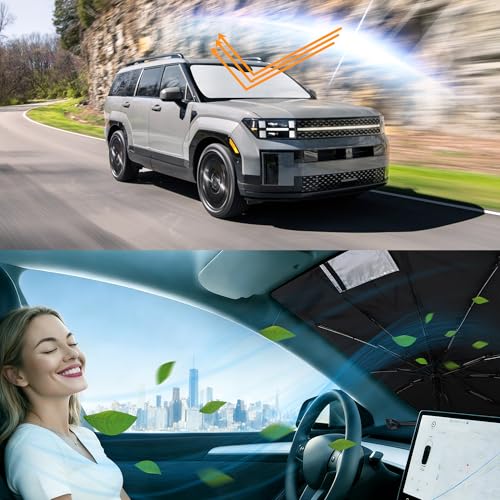 Image of Windshield Sun Shade for 2024-2026 Hyundai Santa Fe | Foldable, Full covered for windshield, Block UV Rays, Heat Reduction, Easy to install, Keeps Car Cooler