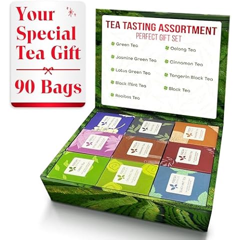 FreshDrinkUS, Premium 90 Tea Bags Sampler Assortment, 9 Different Flavors, 100% Natural Ingredients, Perfect and Well Combination Tea Gift for Tea Lovers, Friends and Family. No Additives, No Gluten, No Sugar, Vegan Cover