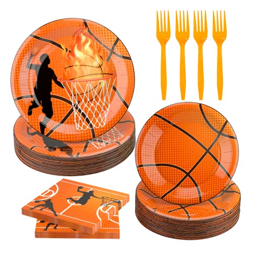 120 Pcs Basketball Party Supplies Bundle Paper Plates Napkins Forks Basketballs Party Birthday Decorations For Kids Serves 30