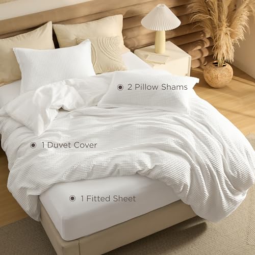 Image of Bedsure PureWoven Cotton Waffle Duvet Cover Set with Fitted Sheet, King