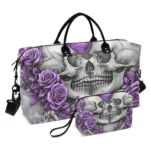 Skull Purple Roses Travel Duffel Bag, Gym Bags with Multiple Interior Pockets for Men Women Toiletry Purse Included 20.5”x 1.9” x 13.8”