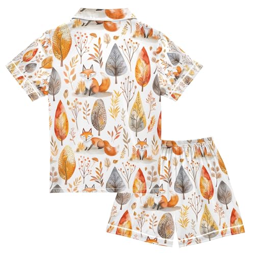 senya Fox and Tree Leaf Satin Summer Pajama Sets Silk Short Sleeve Button Down Sleepwear2