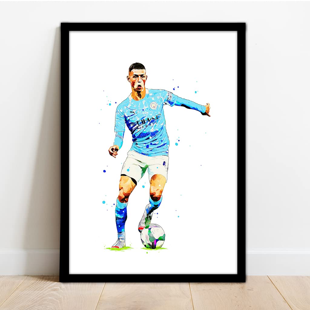 The Football Print Room Black Manchester City - Phil Foden Framed Illustration Print Poster