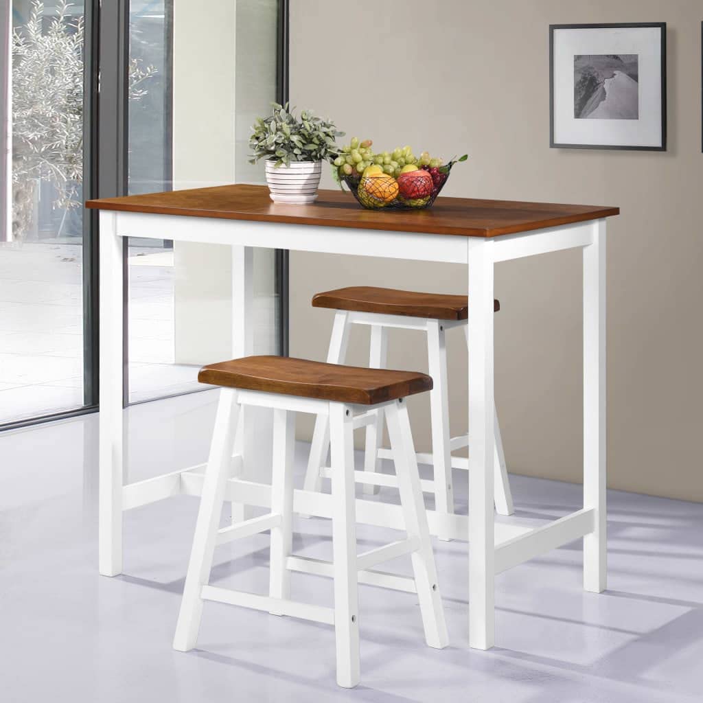 Ensemble table de bar et tabourets 3 pièces en bois massif avec plateau en MDF marron blanc 108 x 60 x 91 cm, 2 tabourets de bar 45 x 23 x 60 cm, pour cuisine, salle à manger, salon