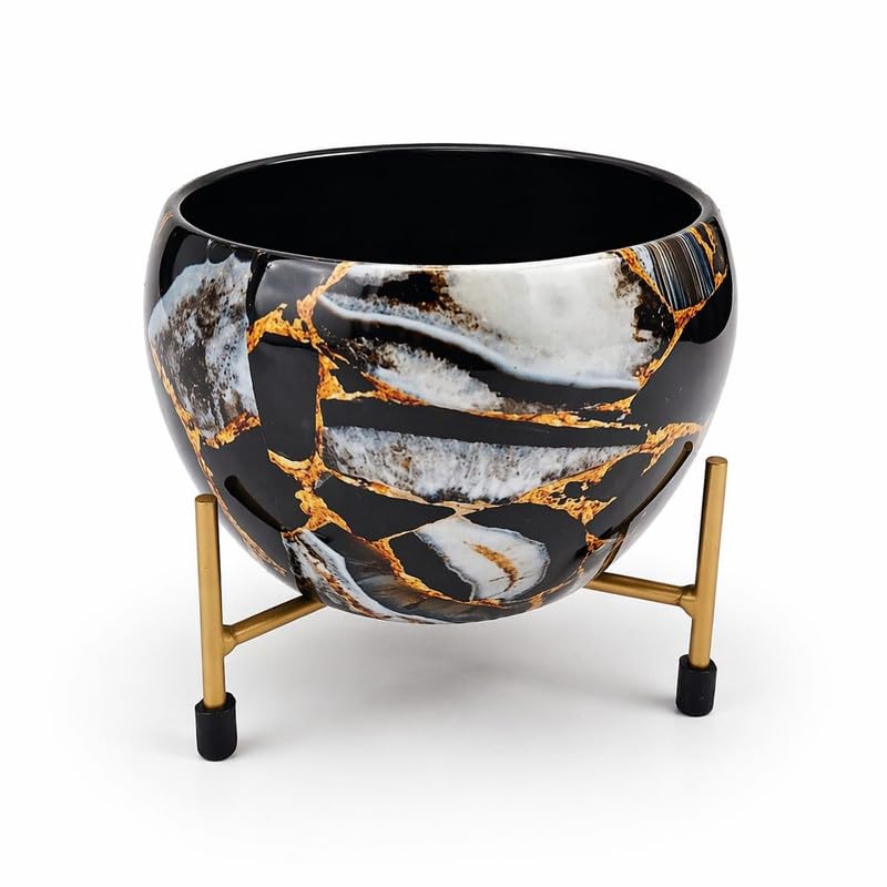 Image of Metal Flower Vase Planter with Iron Stand | Black Marble Print Decorative Indoor Plant Pot for Home Decor | Ideal for Succulents & Small Plants | 6x6x6 Inches | Sunlit Symphony Design
