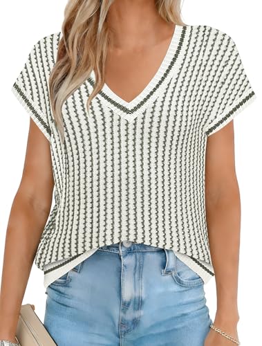 Image of SAUKOLE Women's Sweater Vest Casual V Neck Cap Sleeve Knit Pullover Tops | 2026 Spring Clothes, Soft Knit Shirts, Short Sleeves T-shirts, Tunic Blouses, Sweater Tank Tops