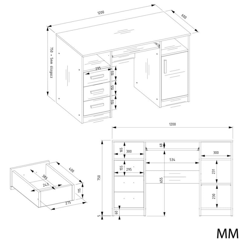 CDF Biurko DELTA ANTRACYT/BIAŁY 120 cm 3 Szuflady Szafka Półki Do Biura Pokoju Na Laptop Stylowy Wygląd Stabilna Konstrukcja Biurko z Dużą Ilością Miejsca Dodatkowy Schowek na Książki Zabawki