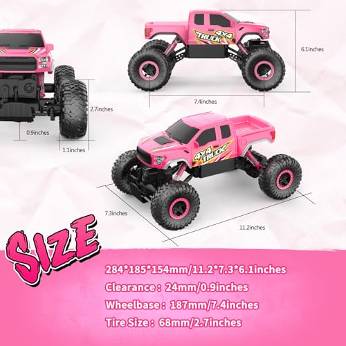 Image of Double E Pink Monster Truck Remote Control Car for Girls | Cool 4WD RC Truck Toy with Off-Road Tires, Fun Outdoor Gift for Kids Ages 6-12