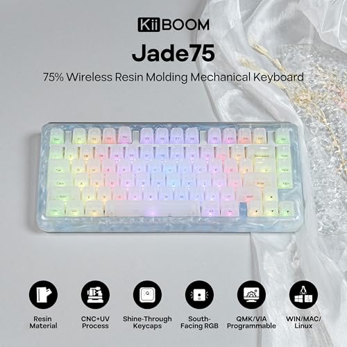 Image of KiiBoom Jade75 75% Resin Molding Mechanical Keyboard, BT5.0 /USB-C /2.4GHz Wireless Gaming Keyboard, QMK&VIA Programmable, RGB Backlits, Hot-Swappable, CNC+UV Case for Windows /Mac /Linux (White)