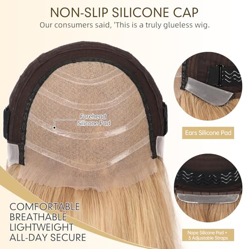 Image of KKU 5x5 Lace Front Human Hair Wig,Real Hair Wigs for Women,Glueless,Non-Slip Silicone Pads and Skin-Friendly Cap(16 Inch, Blonde)