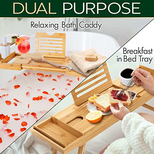 Serenelife Bath Caddy Breakfast Tray Combo - Natural Bamboo Wood Waterproof Tub And Bed With Folding Slide-Out Arms, Device Grooves, Wine Glass Soap Holder #TOP1