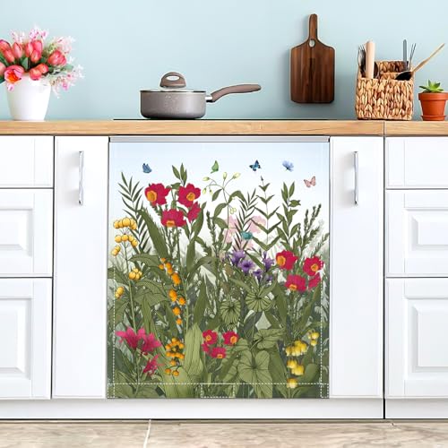 Image of Summer Flowers Dishwasher Magnet Cover Wildflowers Dishwasher Magnet Sticker for Kitchen Decoration 23x26 in Farmhouse Floral Refrigerator Magnet Cover Fridge Panel Decal Pad