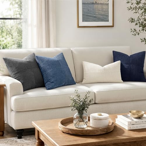 Image of MIULEE Navy Blue Decorative Throw Pillow Covers 18x18 Inch for Couch Bed Sofa Pack of 2 Boho Farmhouse Throw Pillows Soft Cross Corduroy Patchwork Textured Cushion Cases