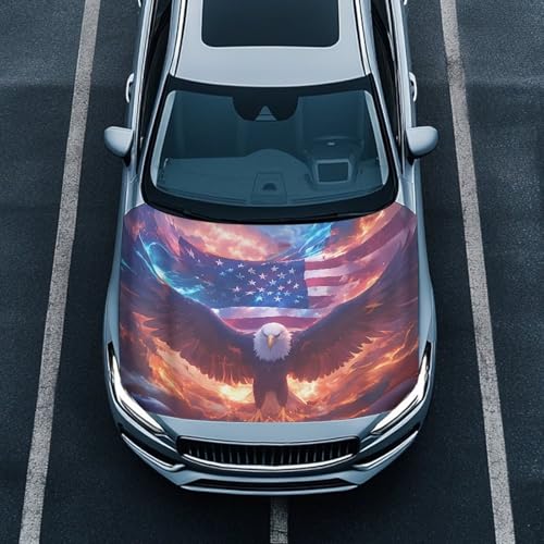 Image of Eagle American Flag Car Hood Cover Protector, 59x39 Inch Stretch Polyester Flag for Car Hood, Waterproof Auto Exterior Accessories for Sedan SUV Truck Pickup