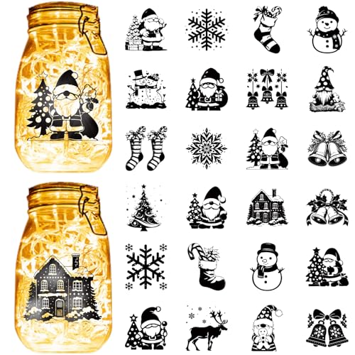 CREATCABIN 24Pcs Christmas Silhouettes Mason Jar Decor Laser Cut Cardboard Scrapbook Cutouts Die Cuts PVC Gifts Christmas for Crafting Lantern Jars Wall Painting Glass Phones-No Sticker 4x3.5Inch