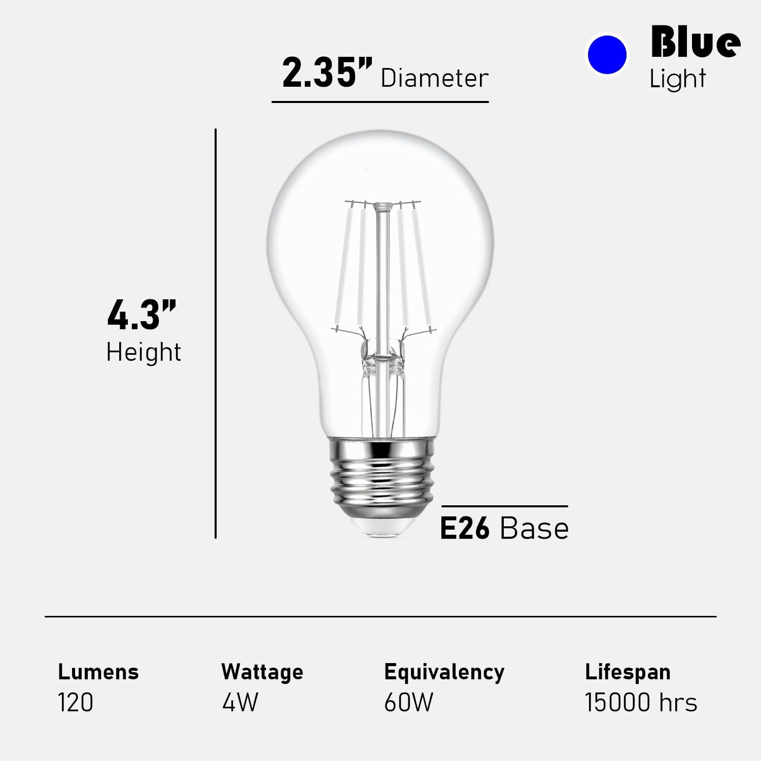 Maelsrlg Blue Light Bulb, 4 Watts, A19 Colored LED Filament Bulbs, Clear Glass, 120 Volts, Dimmable, E26 Base, 2-Pack
