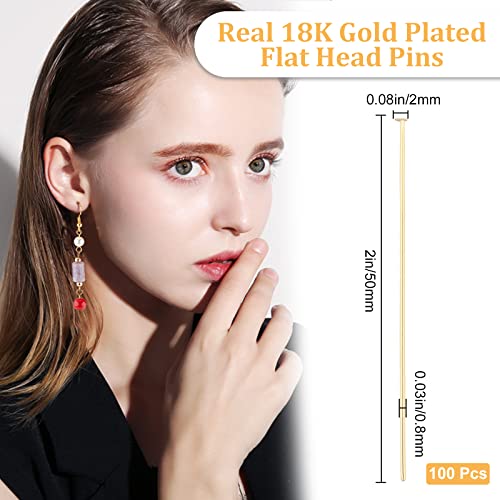 Beebeecraft 100Pcs/Box Flat Head Pins 18K Gold Plated Beading Pins 50mm Jewelry Head Pins for Earring Beading DIY Craft - Image 2