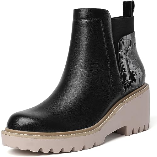 Mostrin Chelsea Boots for Women Platform Ankle Boots Chunky Lug Sole Boots Slip on Elastic Fall Boots Wedges Block Booties