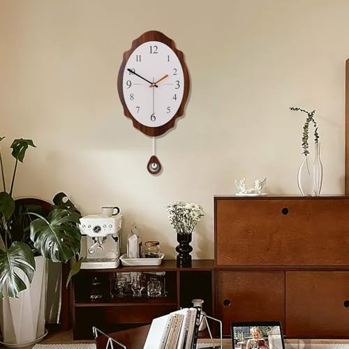 COSLIFE Reloj de pared vintage con esfera blanca y marco de nogal, diseño de péndulo acrílico silencioso para decoración moderna del hogar (15.7 x 15.7 pulgadas)