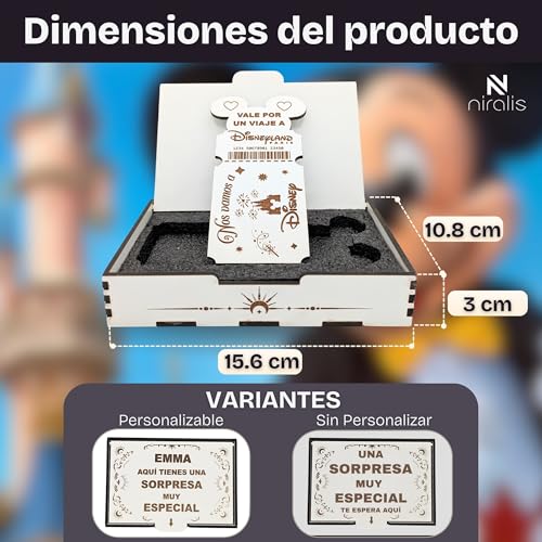 Miniatura 2 de Niralis Caja Sorpresa Viaje Disney Llave Disney Personalizada En Madera Tarjeta Regalo En Forma De Billete Anuncio De Viaje A Disneyland Regalo Personalizado Comunión Blanco, Personalizado