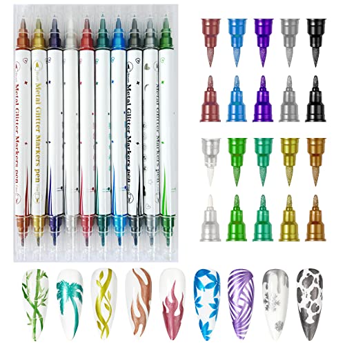 Gorvalin 10 Colors Double Ended Metallic Nail Art Marker Pens, 3D Metallic Nail Graffiti Dotting Drawing Point Pen Sets Nail Art Painted Pen Nail Design Kit for Nail Design Nail DIY Decoration