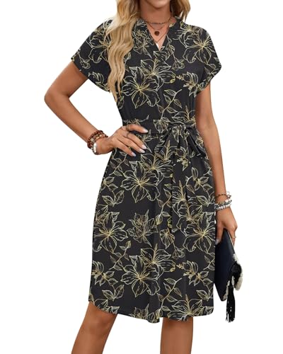 AUSELILY Robes d'été pour Femmes Robes élégantes à Manches Courtes Robe mi-Longue à Encolure en V et Ceinture à la Taille avec Poches Feuille d'or Noir M