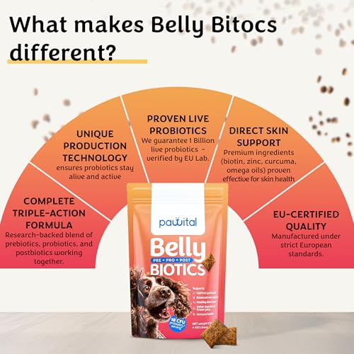 Pawital Belly Biotics: Präbiotischer, probiotischer und postbiotischer 3-in-1 Hundesnack – bei übermäßigem Pfotenlecken, Juckreiz und Verdauungsproblemen – 1 B KBE – 360 Leckerlis