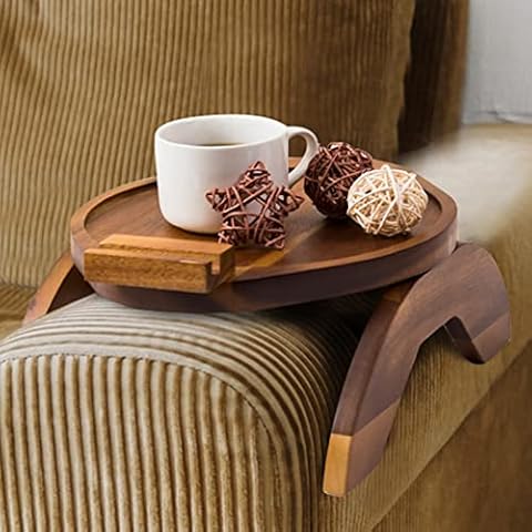 Heavy Duty Acacia Sofa Armrest Tray, Farmhouse Style Wooden Arm Tray, Clip on Tray for Most Couch Arm Width, Customized Oval Sofa Tray Table, Folding Snack Table with 360 Rotating Phone Bracket Cover