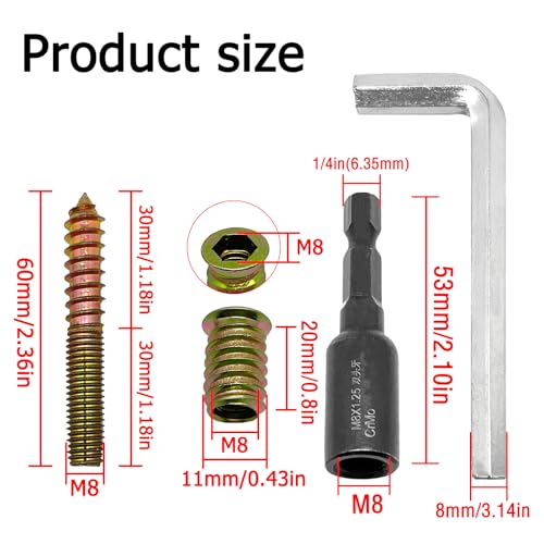 Image of 12 Sets Wood Furniture Set,M8x60mm Double Headed Bolts Self-Tapping Screw,M8x20mm Threaded Insert Hex Socket Nut,M8 Hanger Bolt Driver,8mm Hex Wrench for Joint Furniture Legs