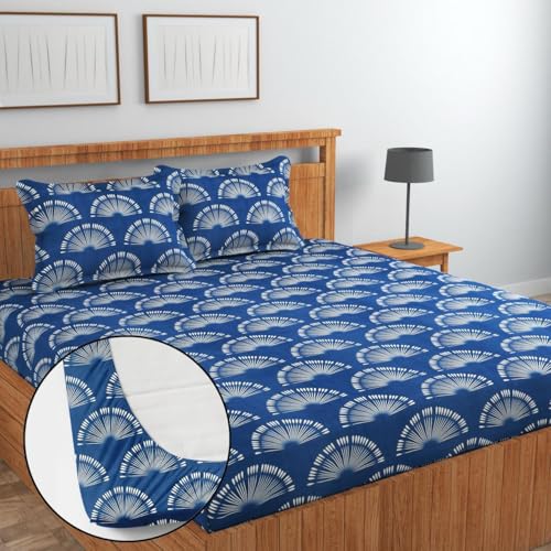 Image of Jashan Super Soft Glace Cotton Fabric 300 TC All Around Elastic Fitted Elegent Design King Size Double Bed Bedsheet with 2 Pillow Covers Fits Upto Mattress of 10 Inche,Size-72 x 78 x 10 Inche-Blue