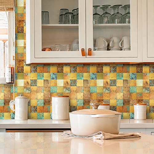 Homeymosaic 10-Sheets Peel And Stick Backsplash Metal Tile For Kitchen Bathroom Countertop Fireplace Wall Decor Square Plaid Rust Classical Retro Copper #TOP3