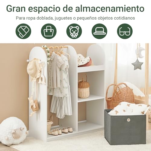 Miniatura 3 de Sobuy Armario Infantil Con Almacenaje Juguetes, Armario Infantil Ropa Con 3 Ganchos, 1 Cesta Y 1 Percha, Mueble Organizador Juguetes Y Ropa Blanco 97x35x108cm Kmb40-W