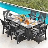 YEFU HIPS Patio Table Set: 7 Piece Patio Table and Chairs Outdoor Furniture Set with Umbrella Hole - Gray Modern Plastic Dining Sets 6 Person for Outside Deck with Metal Aluminum Frame