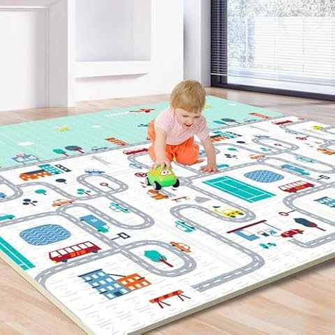 Eanpet Baby Play Mat Foam Area Rug for Kids Toddler Infant Ultra Thick Folding Large Crawl Mat Non-Slip Playmat for Bedroom Playroom Nursery ABC Letter (Traffic) Cover