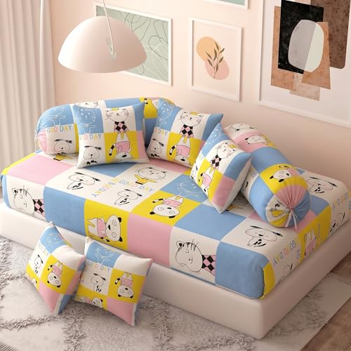 Image of Filymore Cat Print 8 Pieces Diwan Set for Kids Room, Soft Microfiber Single Bedsheet with 5 Cushion Covers & 2 Bolster Covers, Cute Cartoon Kids Bedding Set for Boys & Girls (Pink)