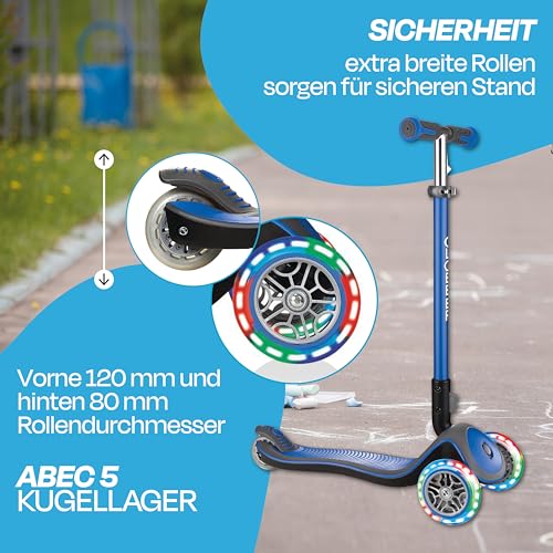 GLOBBER Elite Deluxe Lights - Tretroller Kinder, 120/80 mm, ABEC 5, 3-r&auml;drig, h&ouml;henverstellbar, LED-Rollen, dunkelblau