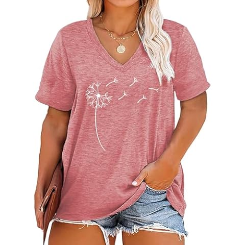 Plus Size Dandelion Shirts Women V Neck T Shirts Short Sleeve Tshirts Summer Tops 5X Pink Cover