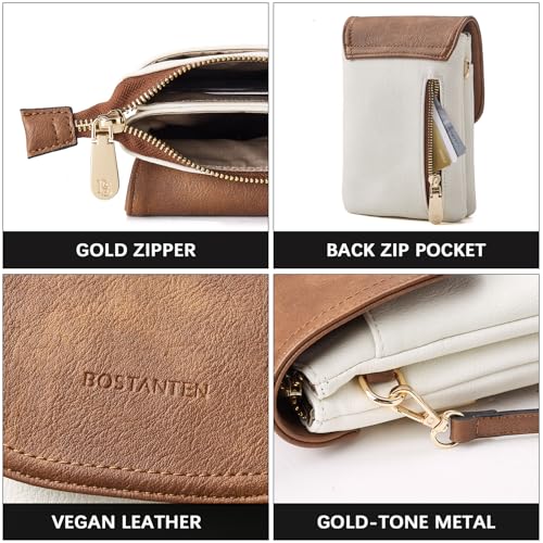 Image of BOSTANTEN Women's Vegan Leather Small Crossbody Handbag, White with Brown