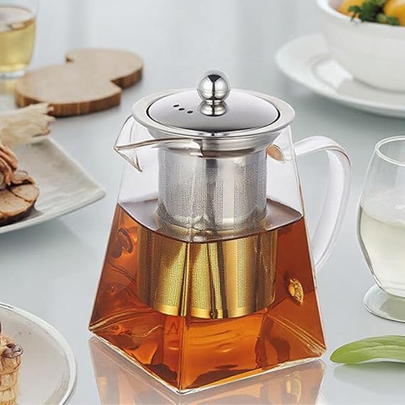Image of Borosilicate Glass stovetop Kettle with Stainless Steel Infuser teapot to Infuse Tea Coffee Black Tea harbal kadha Tea Pot for Making Green Tea (Square Teapot 550ML)