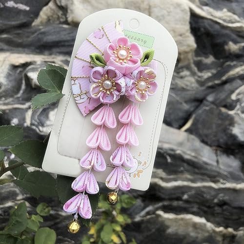 Pinza con borla japonesa para cabello en forma de abanico rosa miniatura 5