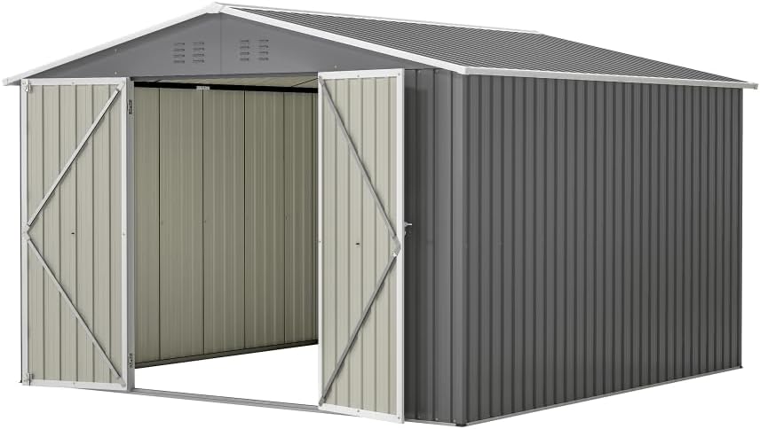 Heavy-Duty Outdoor Storage Shed with Reinforced Steel Frame, Weather-Resistant Galvanized Metal Walls, Lockable Double Doors for Garden, Patio and Lawn Use (Gray + Metal-1)