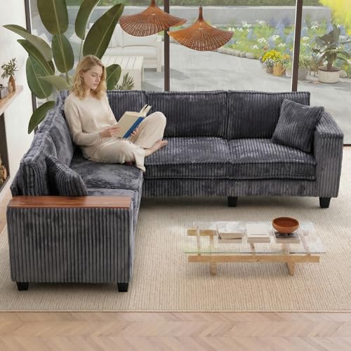 Image of 97 Inches Corduroy Couch with 2 Pillows Deep Seat Sectional Sofa Armrests with Two Hidden Storage Space Corner Couch Oversized L Shaped Cloud Couches for Living Room Grey