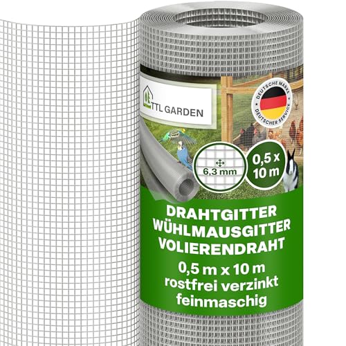 TTL GARDEN 50cm x 10m Drahtgitter feinmaschig rostfrei verzinkt 6,3mm Masche 0,55 mm Draht Stärke - auf Rolle Maschendraht Volierendraht Hasendraht Wühlmausgitter 10m x 0,5m breit 6,3 mm Maschenweite
