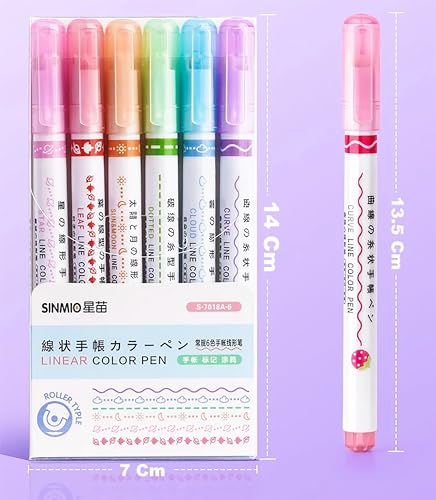 VGRASSP Linear Roller Curve Highlighter Pen Pack Of 6 Pens - Toy Set For Kids And Adults - Includes 6 Different Patterns and 6 Colors - Best For Decorating Scrapbook, Highlighting Text - Image 3 thumbnail