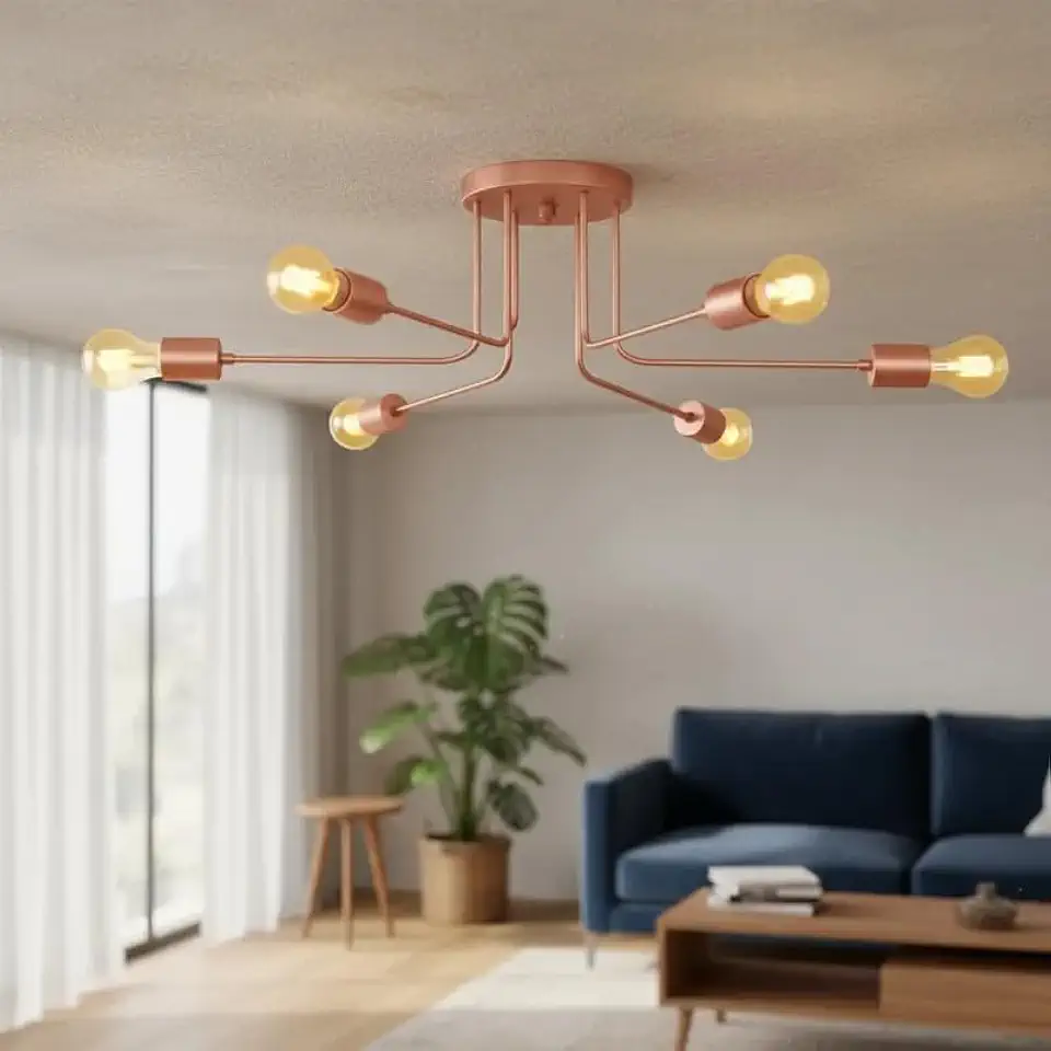 Luminária de Teto Sputnik 6 Braços "L" Lustre Sala Quarto Cozinha Area Gourmet Hall Sala (ROSE GOLD)