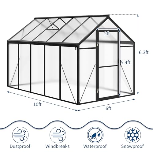 6x10 FT Greenhouse for Outdoors, Polycarbonate Greenhouse with Roof Vent, Ground Nails, Lockable Push Door, Aluminum Large Walk-in Green House for Outside Garden Backyard, Patio, Lawn, Black