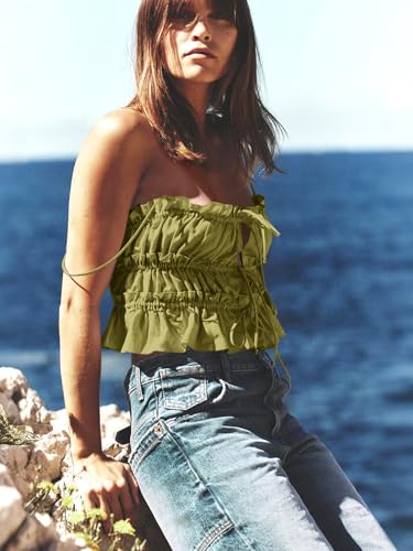 Image of Tankaneo Womens Summer Tie Front Crop Tops Cute Ruffle Ruched Spaghetti Strap Tank Tops Y2K Going Out Shirts