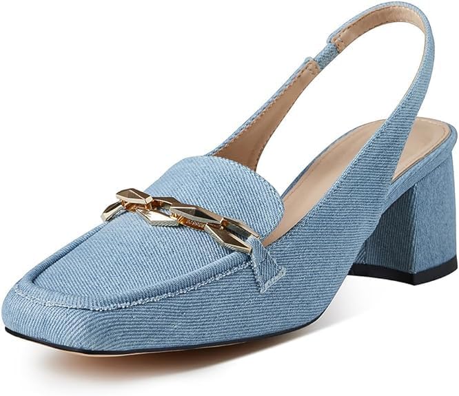 LinnOaks Womens Chunky Heel Pumps Slingback Square Toe Slip on Low Heels Ladies Office Dressy Pumps Black Comfy Evening Casual Shoes Mary Jane Heels for Women