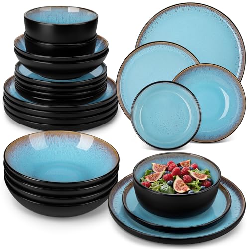 vancasso Amber 24 Pieces Dinner Set for 6, Reactive Glaze Stoneware Plates and Bowls Set, Blue Crockery Set with Dinner Plates, Dessert Plates, Soup Bowls & Cereal Bowls, Microwave & Dishwasher Safe