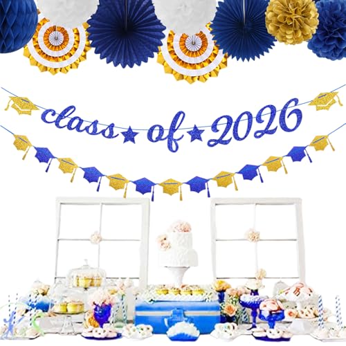 Image of Navy-Blue Gold-White Party-Decoration Graduation Banner - 14pcs Kits Cap Garland Streamers, Royal Paper Tissue Pom Poms Flowers Fans Honeycomb,Class Of 2026 College High School Grad Decor Hugfond
